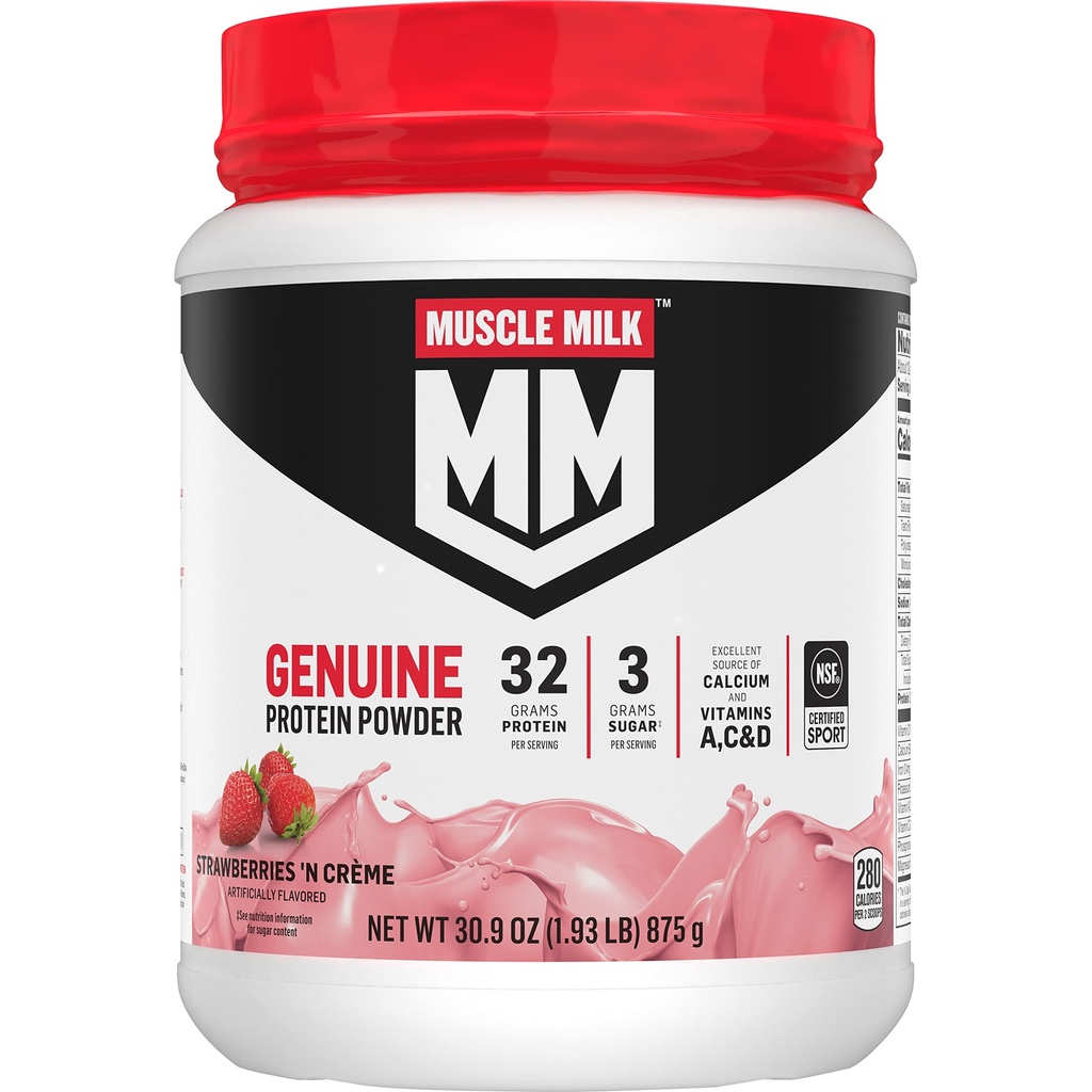 Mięśnie Mleko Genuine Protein Powder, Truskawki N Crème, 1.93 Funty, 13 Sługi, 32g Białko, 3g Cukier, Wapnia, Witaminy A, C & D, NSF Certified for Sport, Energizing Snack, Packaging May Vary