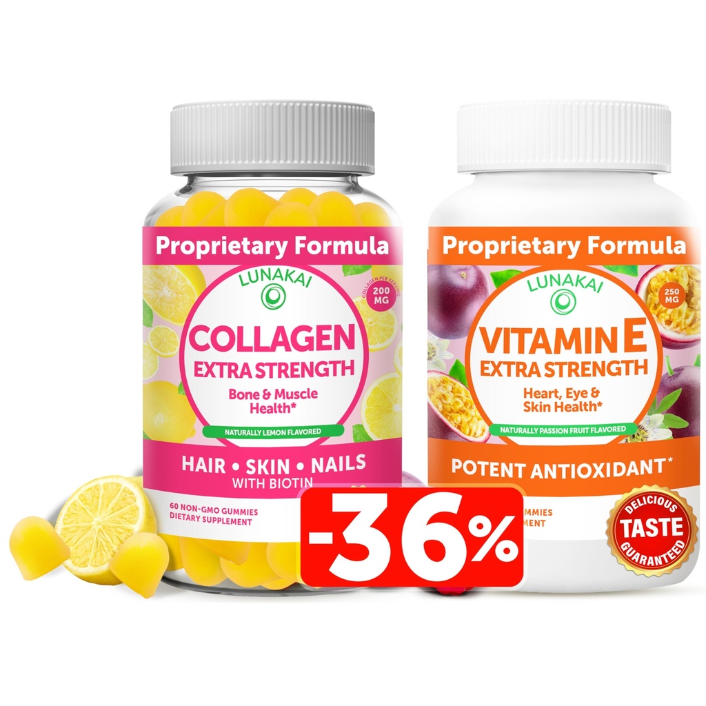 Lunakai Collagen i witamina E Gummies Bundle - Non-GMO Anti Aging Supplements for Men & Women - Natural Gummy with Witamina C & 250 mg Natural VIT E