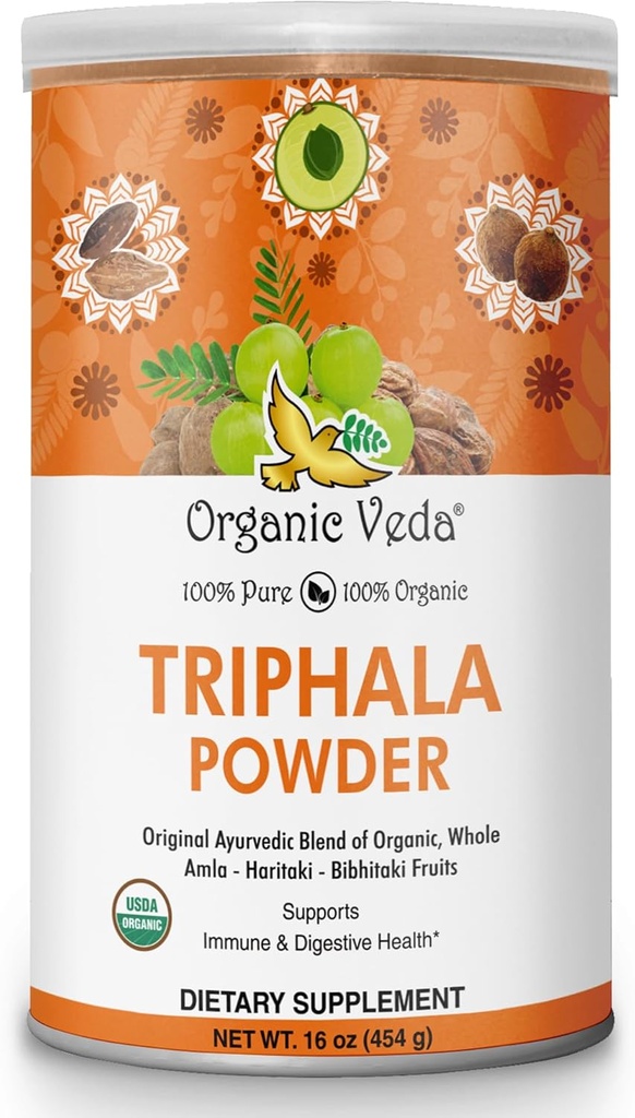 Organiczny proszek Veda Triphala z Amla, Haritaki, Bibhitaki Owoce - 100% Natural Ayurvedic Triphala Proszek - Poprawia wsparcie immunologiczne, trawienie, Colon Cleanse, Zdrowie skóry - Wegan, Non-GMO - 16oz