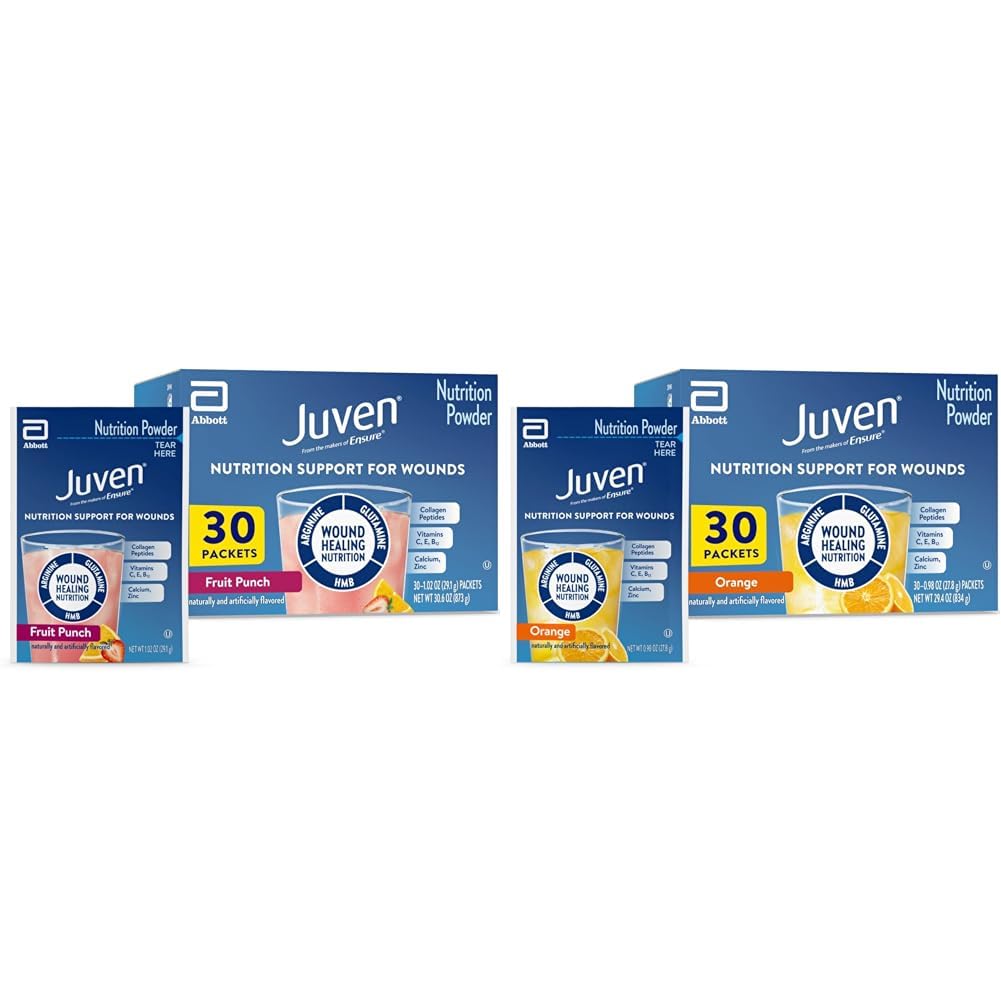 Juven Teratio Nutrition Drink Proszek do wspomagania gojenia rany, Zawiera białko kolagenu, Pomarańczowy 30 Count & Fruit Punch 30 Count, 60 Razem Pakiety