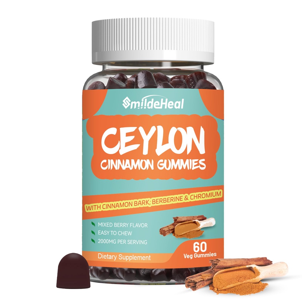 Sugar Free Ceylon Cynamon Gummies 2000MG, suplement cynamonowy z chromem i Cynamon Bark, Wegan, Non-GMO, Gluten Free, 60 Gummies