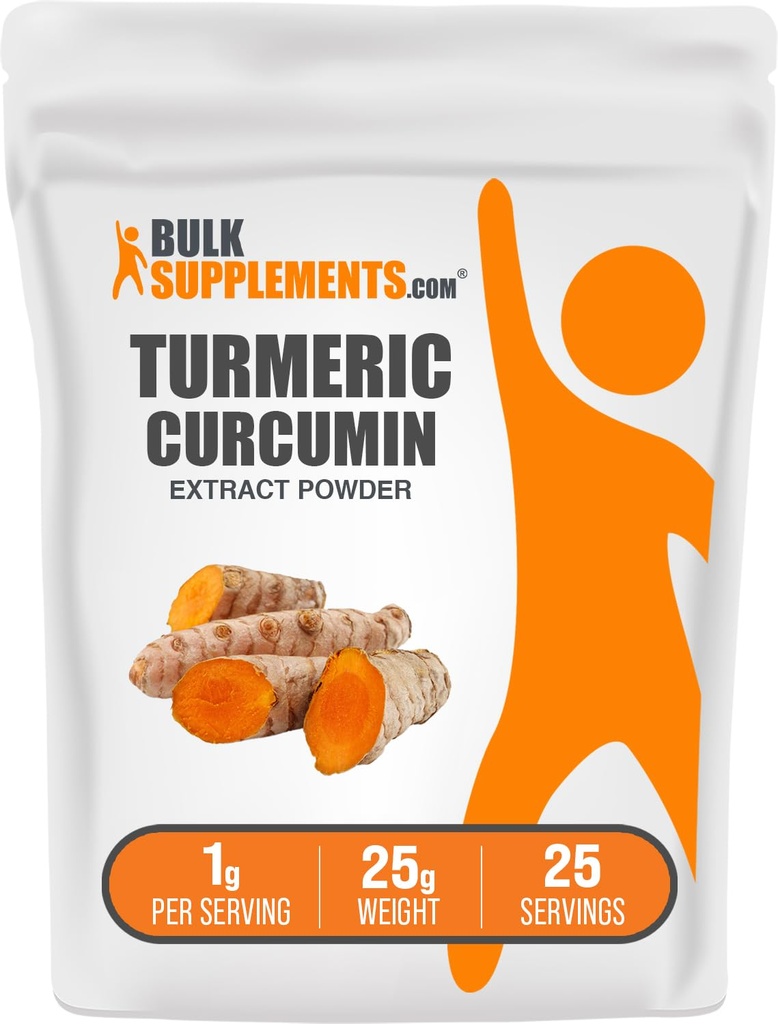 BulkSupplements.com Turmeric Extract Powder - z Turmeric Root, Curcumin Supplements, Turmeric Curcumin Powder - Gluten Free, 1 g na Serving, 25g (0,88 oz) (Opakowanie po 1)