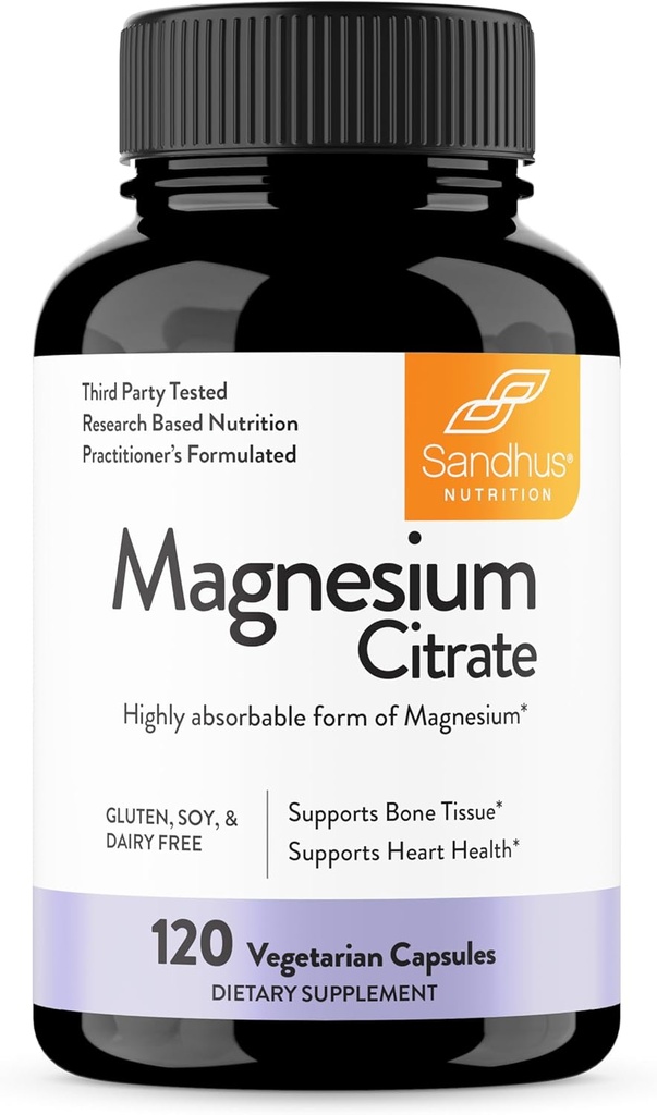 Sandhu 's Magnezu Citrate Wysoko absorbowalny gluten, Soy Diary Free No Fillers 120 Kapsułki wegetariańskie