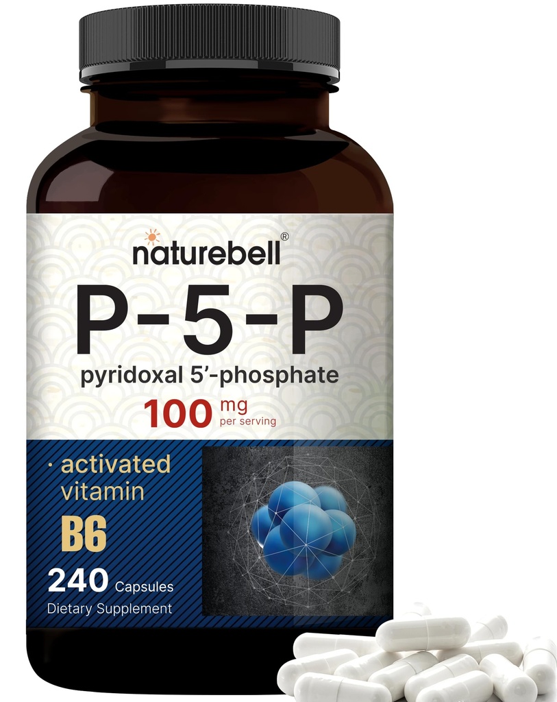 NatureBell P5P Witamina B6 100 mg Na Podawanie, 240 Kapsułki 124; Aktywowane Pyridoxal 5 Suplementy fosforanowe - Witaminy zasadnicze B dla zdrowia mózgu i pamięci - Non-GMO