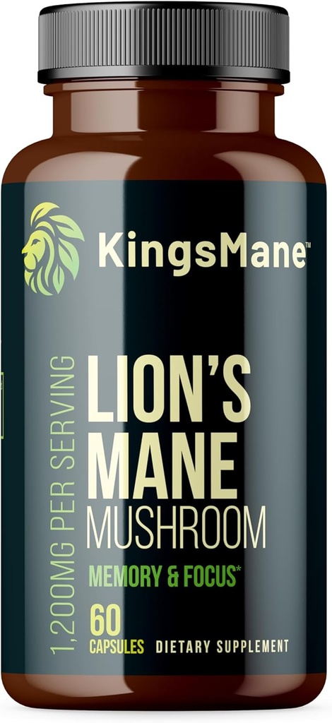 KingsMane ™ Organic Lion 's Mane Mushroom Supplement, Pamięć, Focus, & Clarity Brain Support, 1200mg, 60 Kapsułki