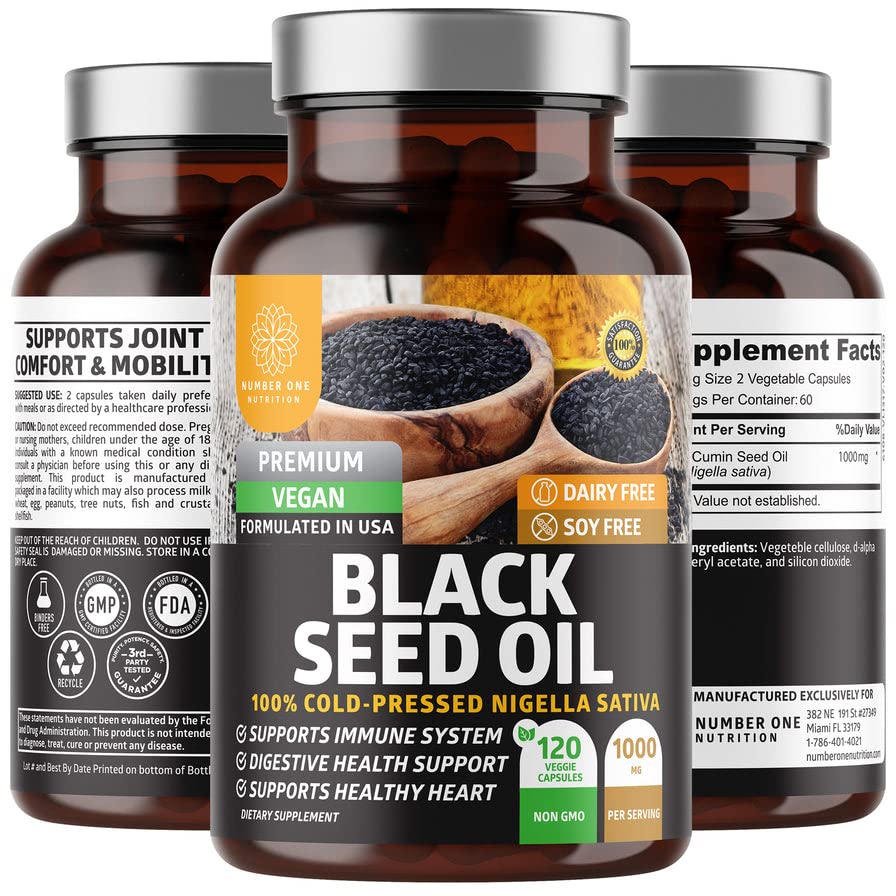 Number One Nutrition N1N Premium Black Seed Oil [Max Siła, 1000 mg] 100% Cold- Pressed Nigela Sativa do wspierania trawienia, układu immunologicznego i wspólnego komfortu i mobilności, 120 Czapki