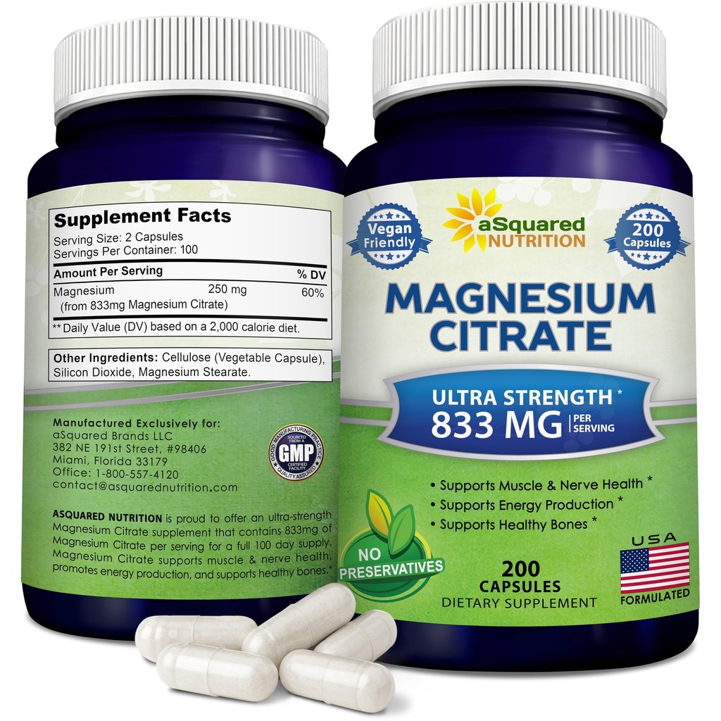 aSquared Nutrition Magnezu Citrate 833mg Supplement - 200 Kapsułek - Max Siła Vegan Mag Citrate w proszku Pigułki w celu wsparcia czystego funkcjonowania mięśni, Serce i kości - Pomaga zwiększyć energię