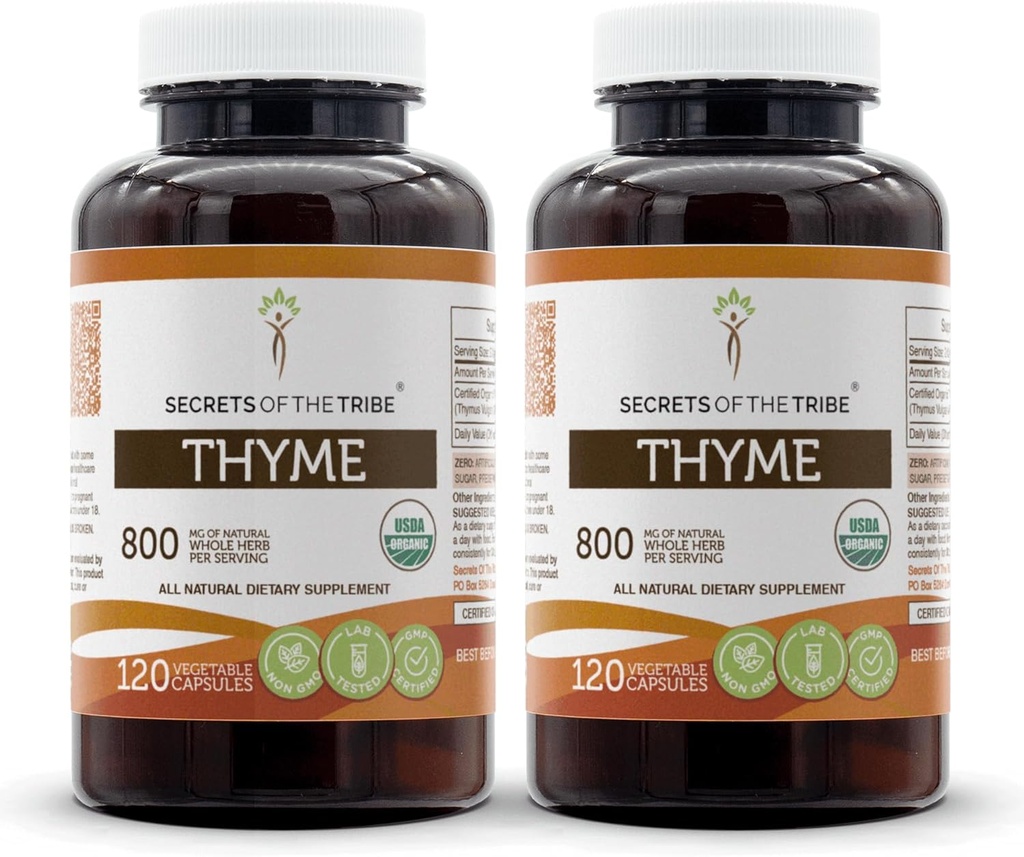 Tajemnice plemion Tymianek 2x120 Kapsułki, wykonane z kapsułek roślinnych i USDA Organic Thymus Vulgaris Toni Efekt (2x120 Kapsułki)