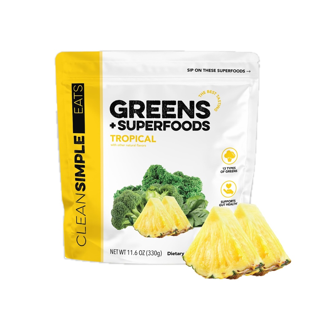 Czyste proste pokarmy Super Zielone Proszek, naturalnie pachnące Zielone Proszek z Chlorella, Spirulina, Superfoods & Fiber prebiotyczne, Brak sztucznych składników, Gluten Free, Tropikalne Zielone Flavor, 30 Srvg