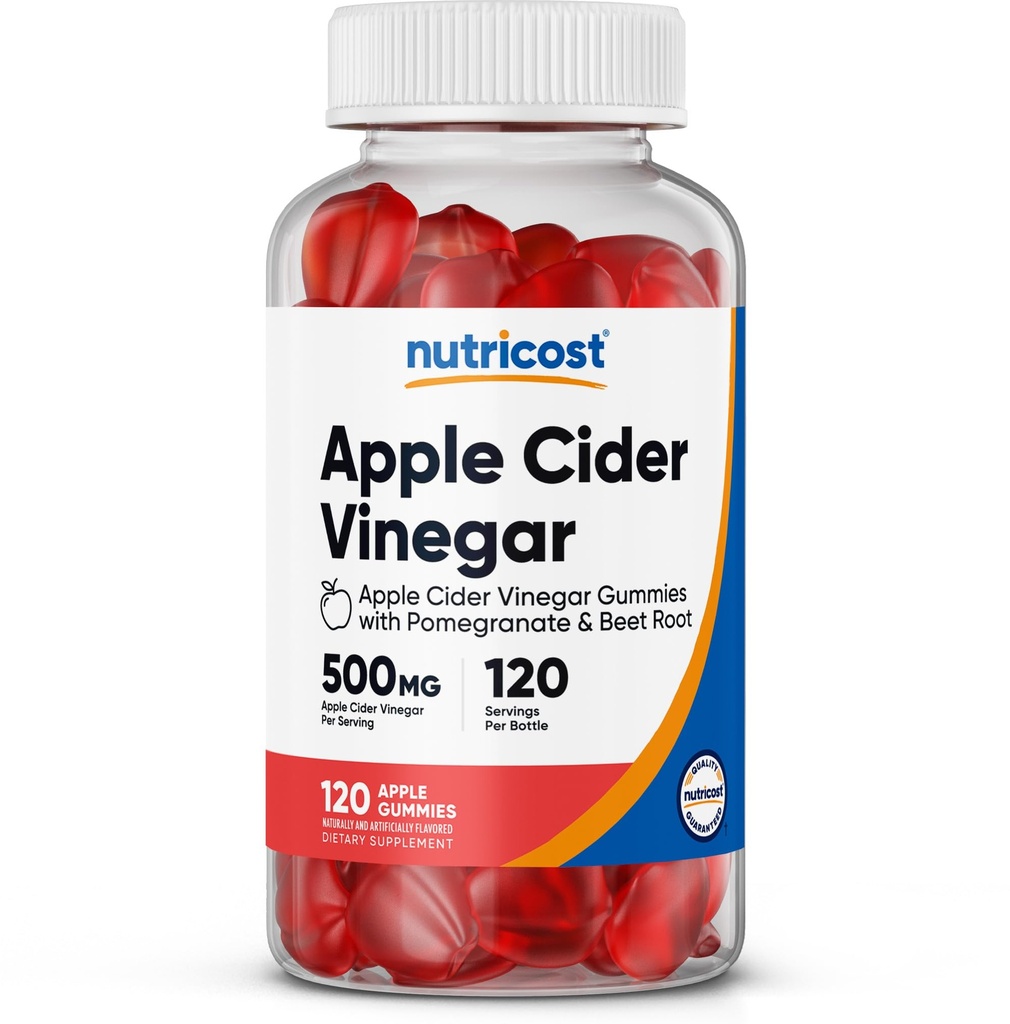 Nutricost Jabłko Cydr Ocet 500mg, 120 Gummies, Jabłko Flavored - Gluten Free, Non-GMO, No Corn Syrop