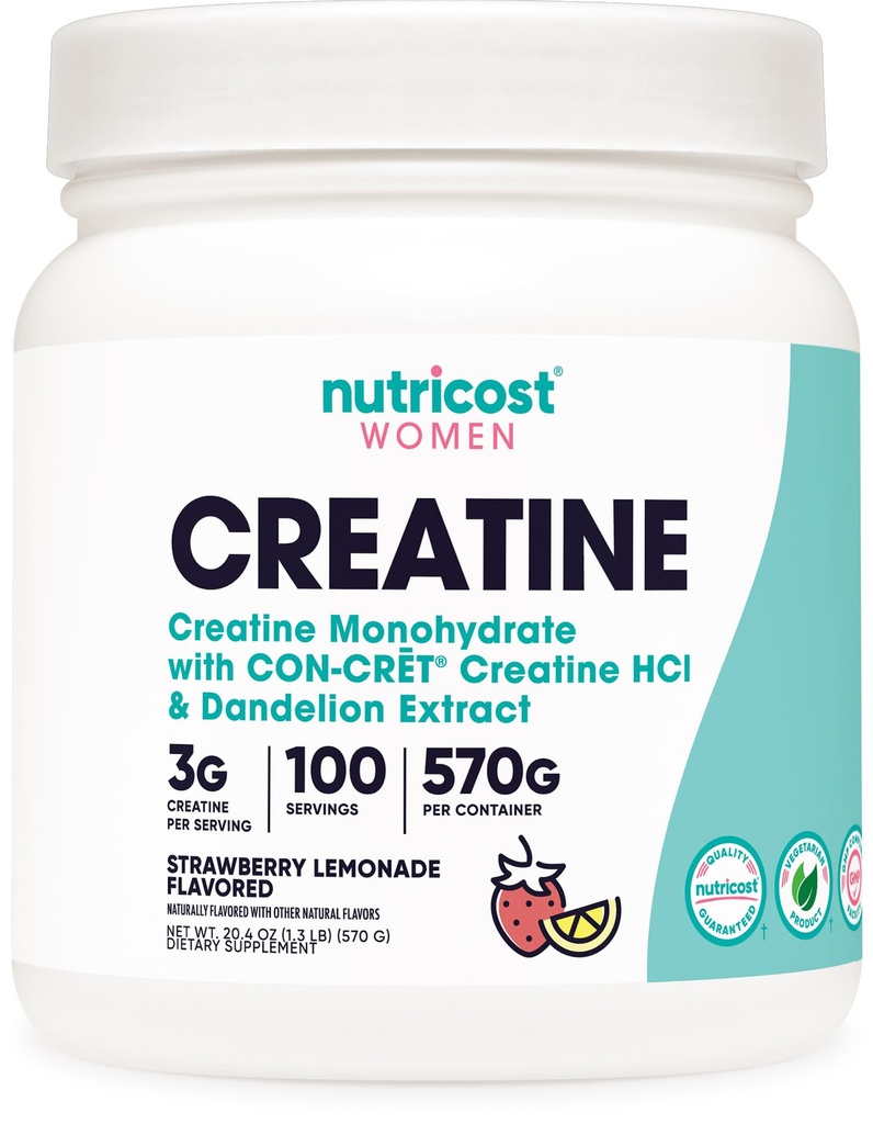 Nutricost Kreatyna monohydrat proszek dla kobiet, Mikronizowane, Lemoniada truskawkowa, 100 Służenie - wegetarianin, Non-GMO, Gluten Free