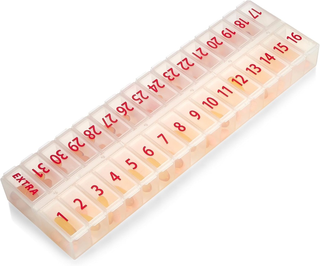 Duży Pill Organizator Miesięczny 32 Komory - 30 Pill Organizator 1 Czas w dniu, Duży pojemnik na leki, BPA- wolne tworzyw sztucznych, Lid do łatwego ładowania medycyny, Witaminy, Czysty