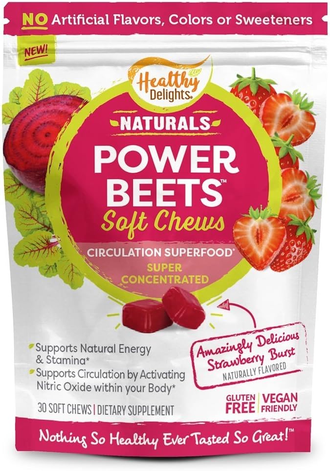 Zdrowe Delights Naturals Power Beets Soft Chews, Pyszne Truskawki Burst, Skoncentrowane Superfood Suplement, Wspiera cyrkulację, Natural Energy & Stamina, 30 Count