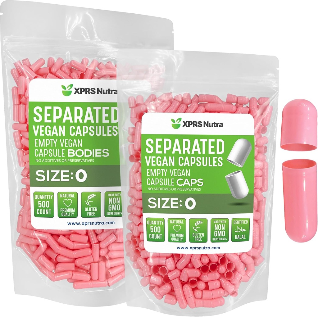 XPRS Nutra Vegan Rozmiar 0 Kapsułki oddzielone - 500 Hrabia Premium Kapsułki puste Separowane w workach - Tabletki 0 Puste do napełniania suplementu DIY (różowy)