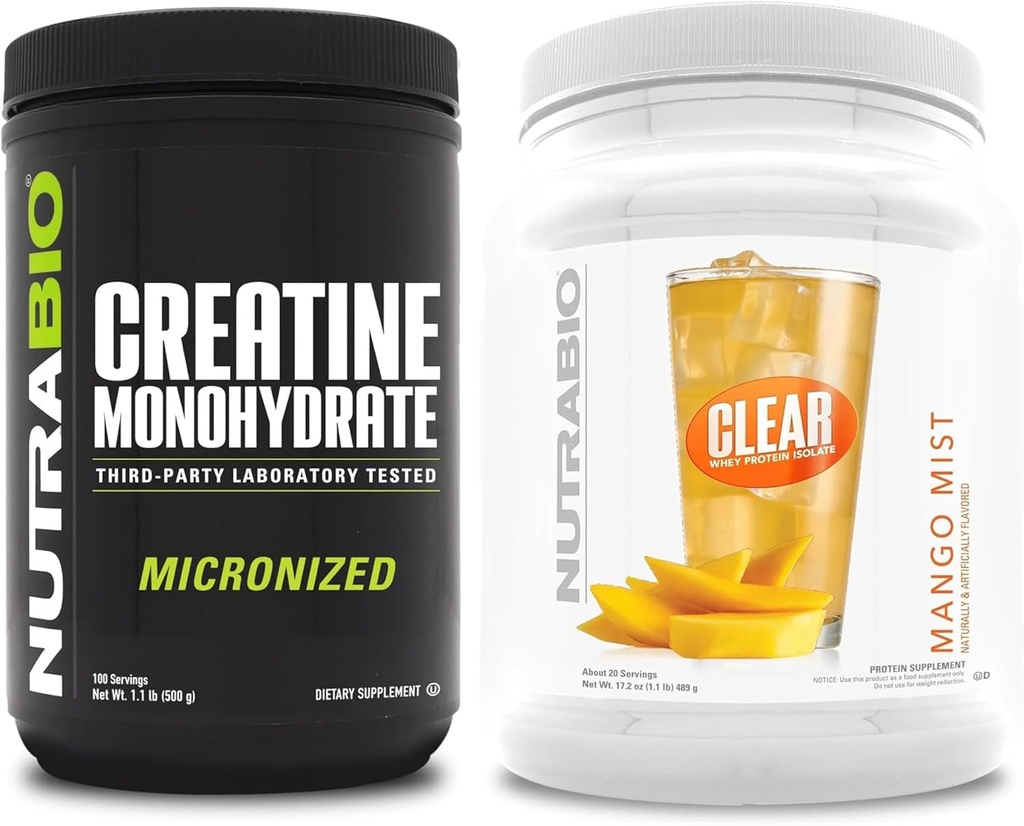Monowodzian NutraBio Creatine, Nieflaworyt, (500 g) i izolat białka z czystej serwatki, (Mango Mist) Suplement Bundle - Energia mięśniowa, maksymalny wzrost, odzysk i siła