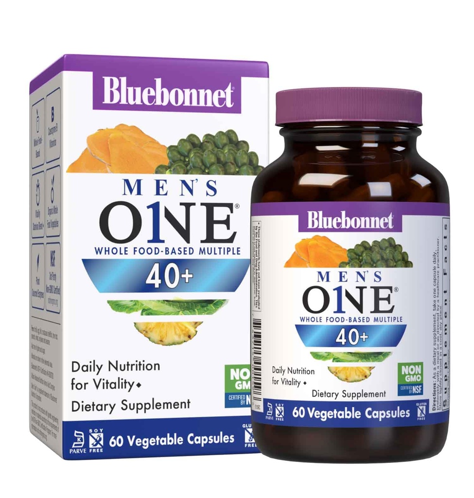 Bluebonnet Nutrition Mens 'ONE 40 + Whole Food- Based Multiple, Men Multivitamine for Men 40 +, Soy- Free, Non-GMO, Gluten Free, Kosher, 60 Kapsułki warzyw, 60 Służenie