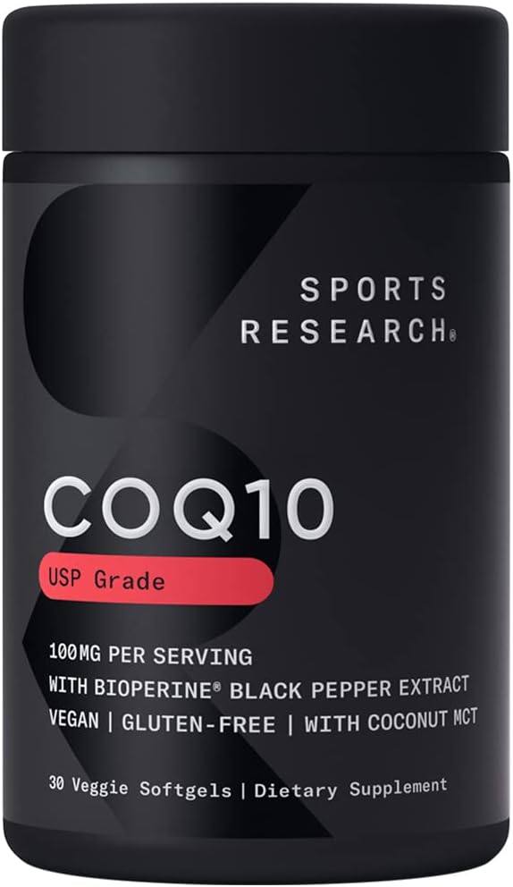 Sports Research CoQ10 (100mg) Enhanced w / olej kokosowy & bioperine (czarny pieprz) dla lepszej absorpcji 124; Wegan, Nie- GMO zweryfikowany (30 Veggie Softgels)