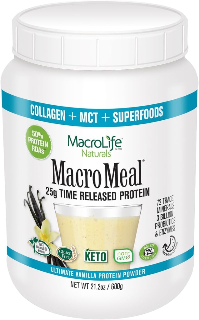 MacroMeal Omni Protein by MacroLife Naturals - 25g Protein - Hydrolizowane Peptydy Kolagenowe (90%) - Gluten & Hormon Free - Keto & Paleo Friendly for Trwała Energia - Zawiera olej kokosowy MCT