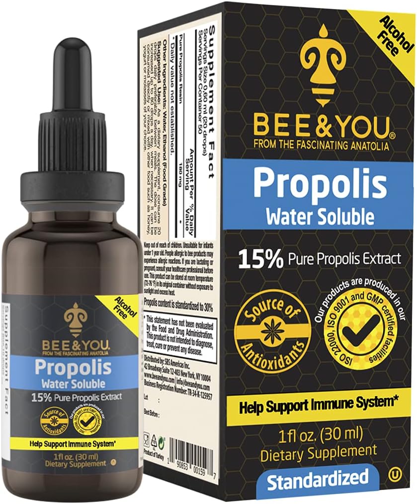BEE i Ty 15% Czysty ekstrakt rozpuszczalny w wodzie Propolis - Wysoka moc - Zero cukru - Zero Calorie - Naturalne wsparcie immunologiczne i ból gardła przeciwutleniacze ulgowe, Keto, Paleo, Gluten- wolne, 1 Fl Oz