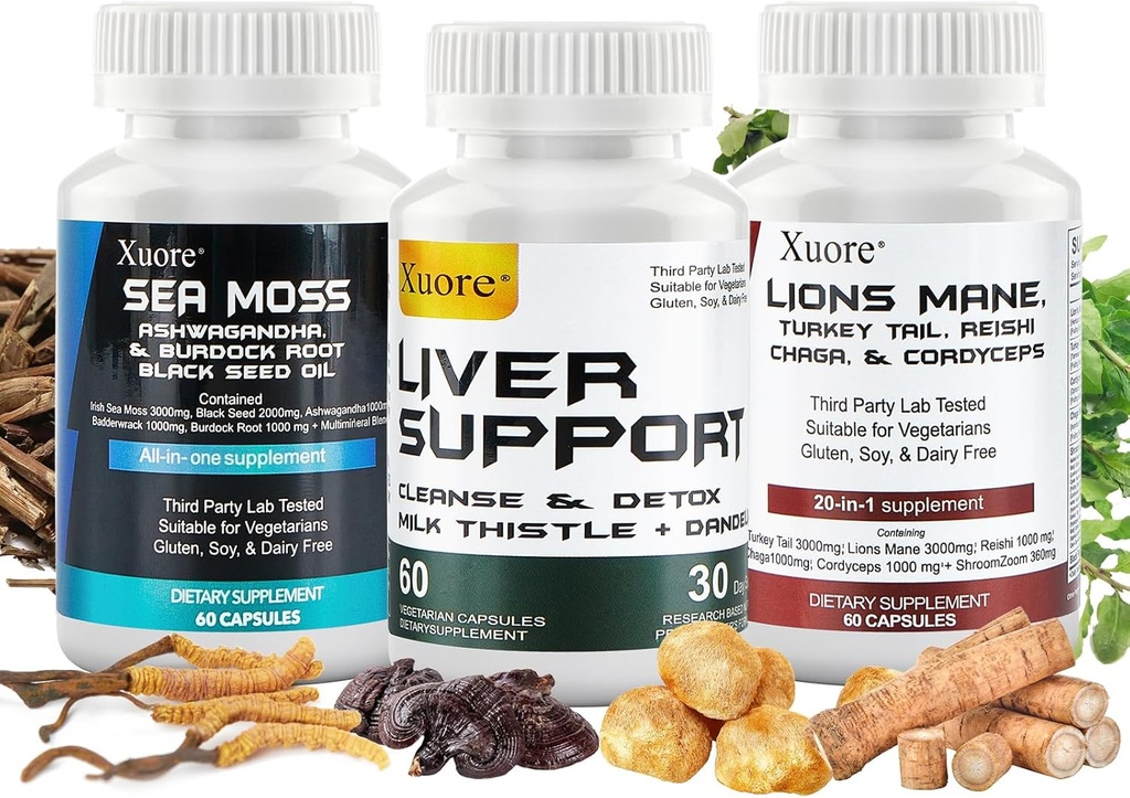 Sea Moss, Black Seed Oil, Mushroom & Herb Supplement with Lions Mane, Indyk Tail, Reishi, Cordyceps, Chaga, And Liver Cleanse and Detox & Repair - with Milk Thistle, All In One Supplment (3 pakiety).