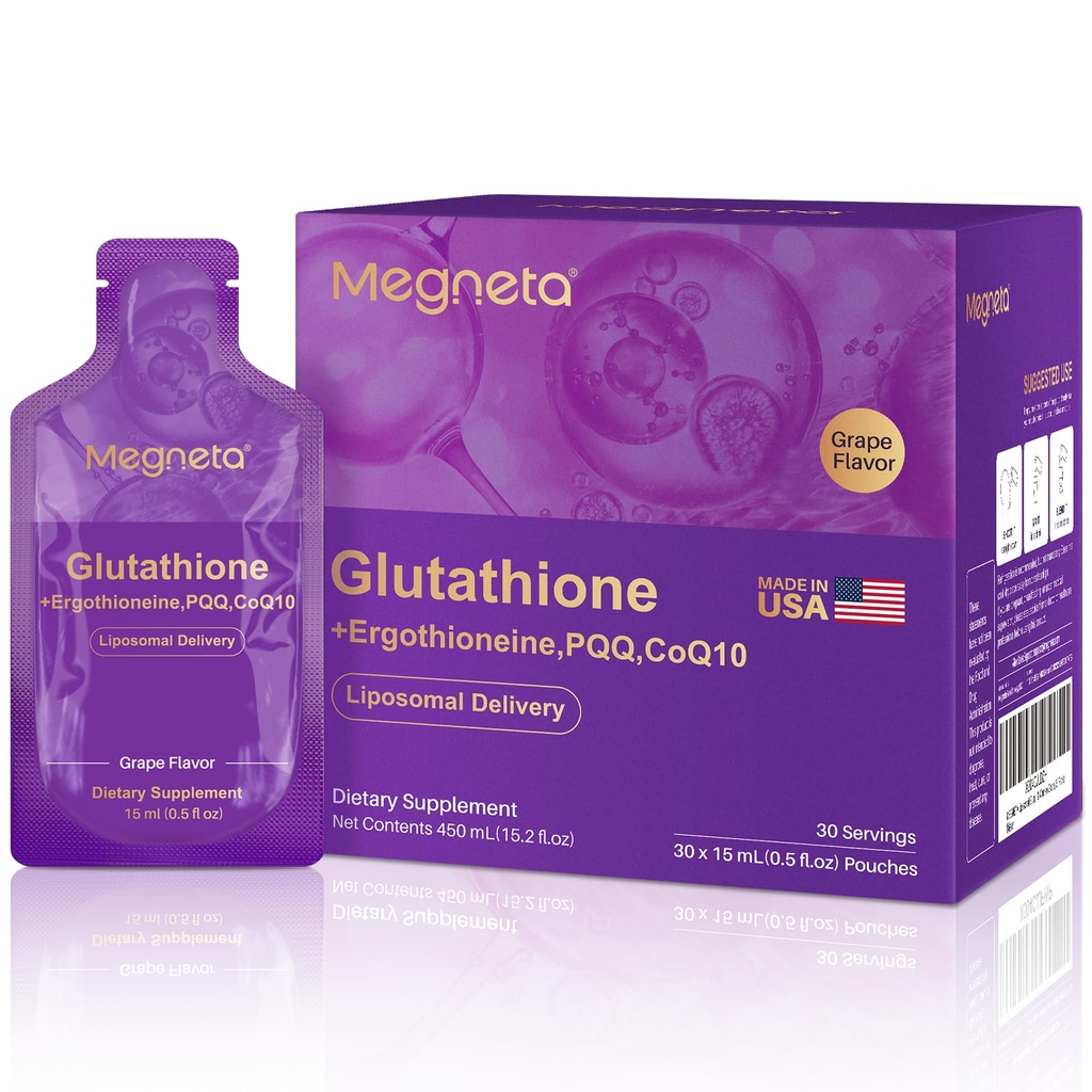 Suplement Glutationu Liposomalu - 500 mg glutationu z PQQ, CoQ10 i witaminą C - Wysoka absorpcja przeciwutleniacza dla immunologicznego i wsparcia energetycznego - Grape Flavor, 30 Pouch