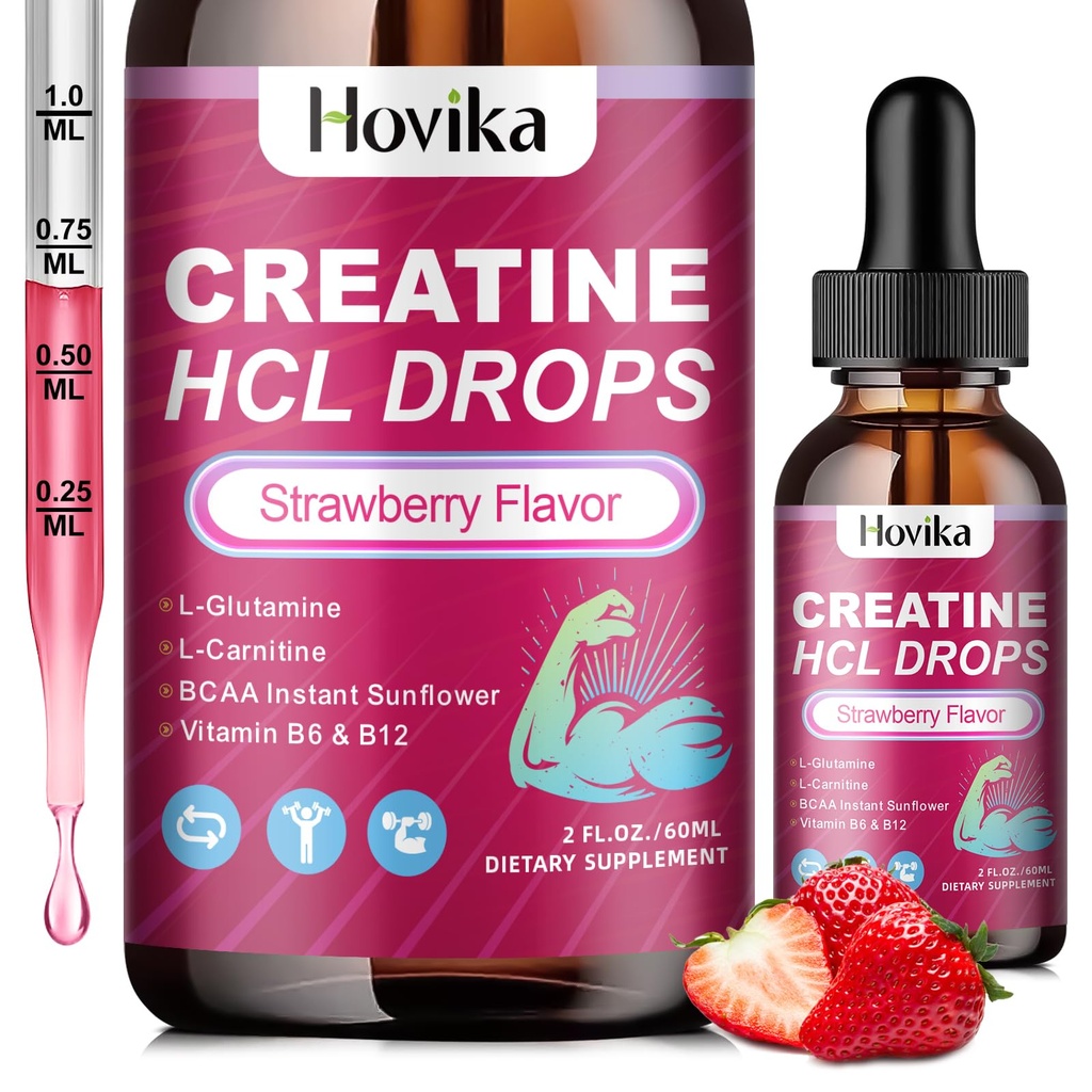 Kreatywna ciecz HCL krople dla mężczyzn i kobiet, Kreatywny chlorek z L- karnityny, L- glutamina, BCAA, Witamina B12 i B6 dla wzrostu mięśni, Promowanie energii i recoverywegan, Strawberry Flavor, 2 Fl Oz