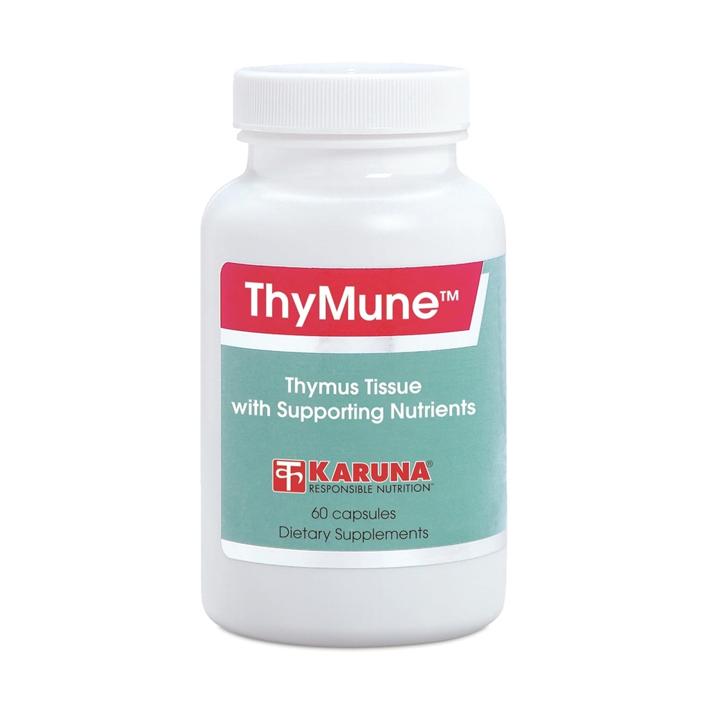 Karuna ThyMune 60 Kapsułki 124; 400 mg Thymus Tissue, 40 mg Echinacea Extract, 25 mg bioflawonoidy 124; Witamina A, C, E, cynk, miedź 124; Niepowtarzalny kompleks wsparcia Thymus