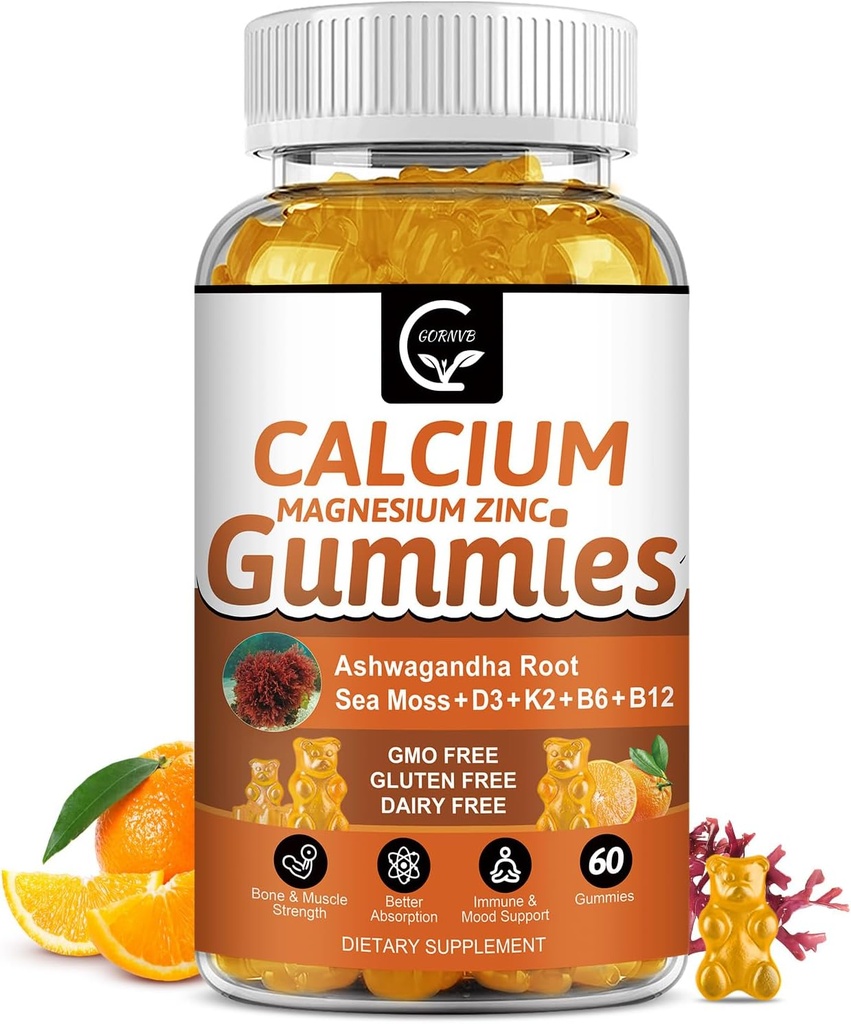 1200mg Gummeje wapnia z witaminą D3, K2, B12 i B6 - Kompleks roślin suplement magnezu wapnia z glicynianem, potas, mech morski, korzeń Ashwagandha dla kości i zębów, mięśnie i odporność