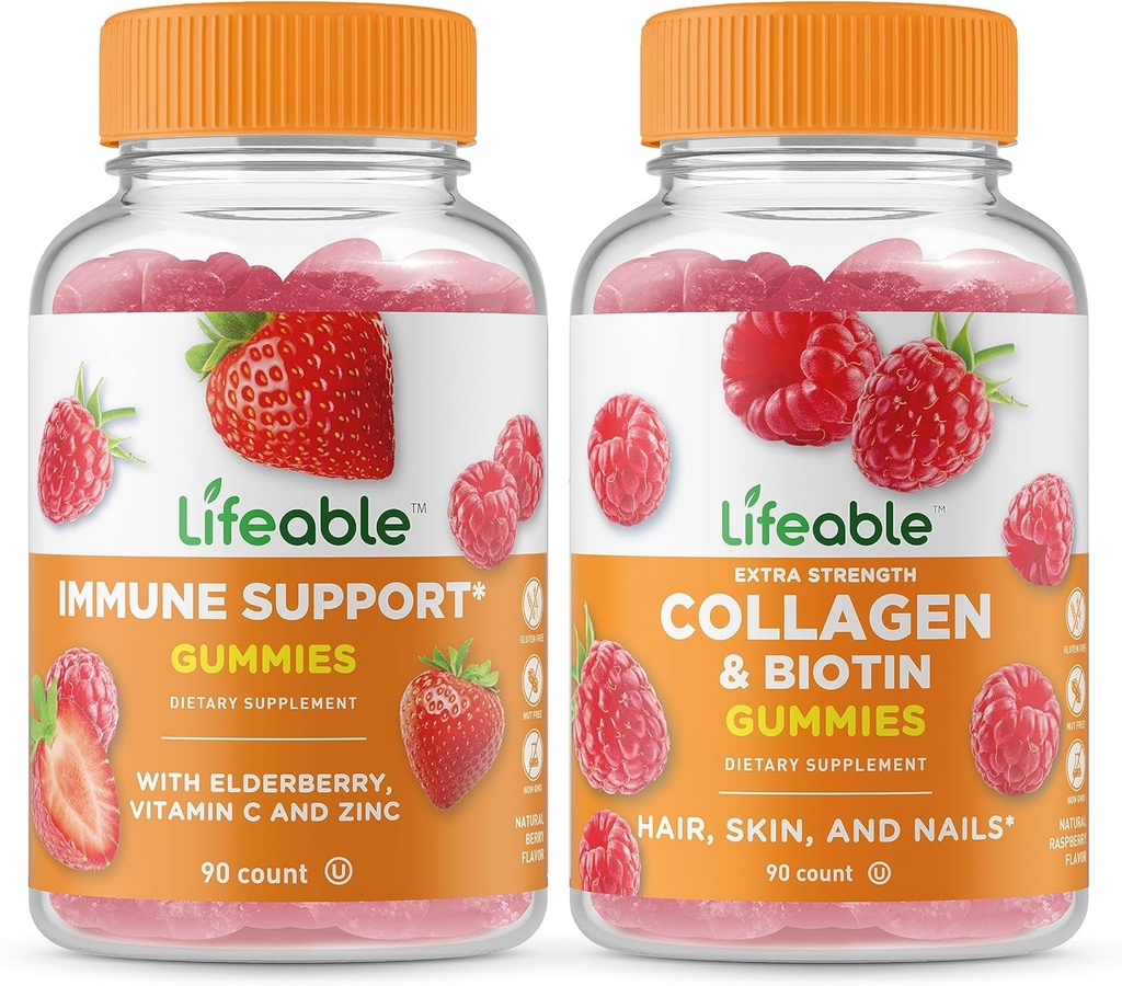 Żywe wsparcie immunologiczne + Kolagen & Biotin, Gummies Bundle - Great Desting, Suplement witaminy, Gluten Free, GMO Free, Gummy do żucia