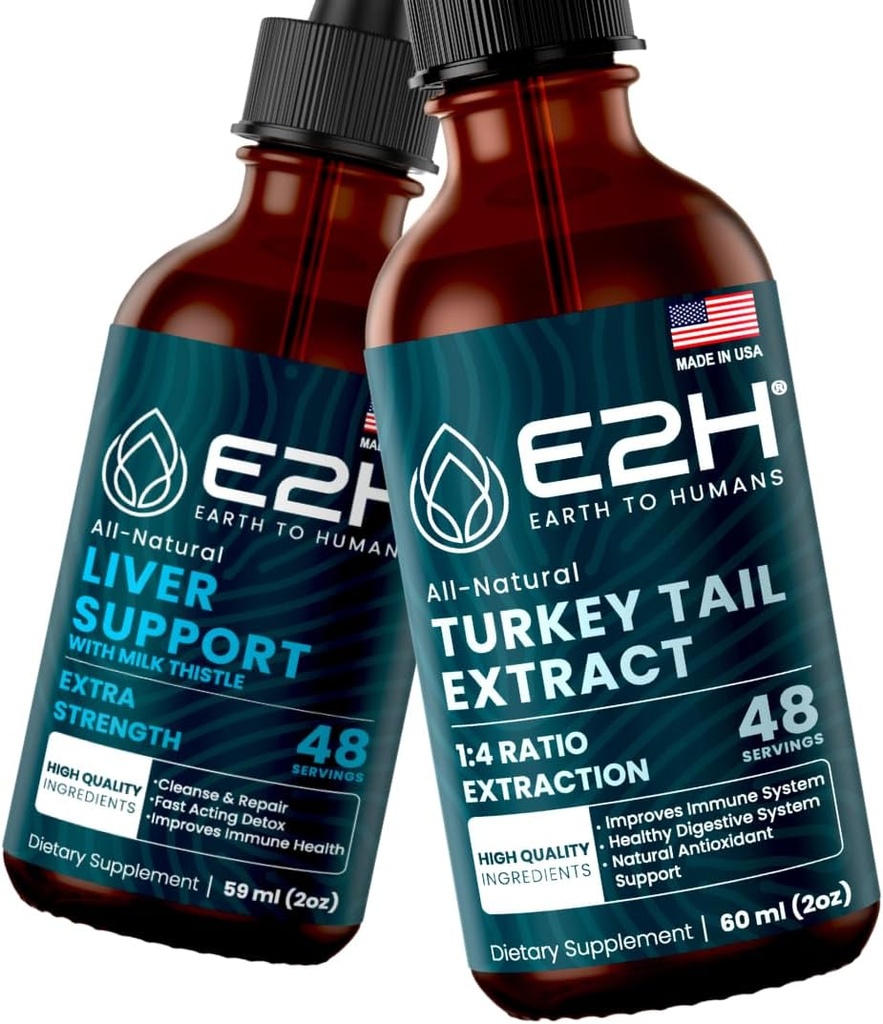 E2H: Suplement do wsparcia wątroby i ekstrakt z grzyba indyka ogona 124; Wegan, Non-GMO - 2 Fl Oz Each (4 Fl Oz Total) - Bundle