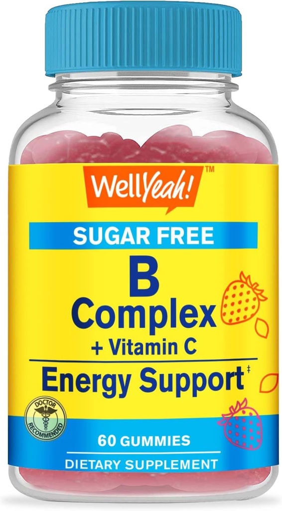 WellYeah Witamina B Complex Sugar Free Gummies Xi124; z witaminą C, Kwas foliowy Xi124; Immune and Energy Support Xi124; Strawberry Flavor Xi124; 60 Count