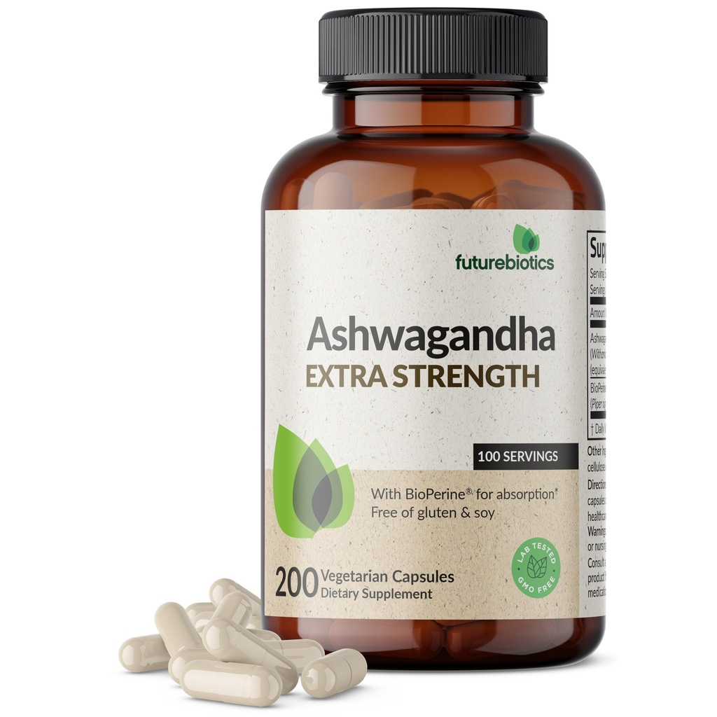 Futurebiotyki Ashwagandha Dodatkowa siła Stress & Mood Support z BioPerine - Nie GMO Formuła, 200 Kapsułki wegetariańskie