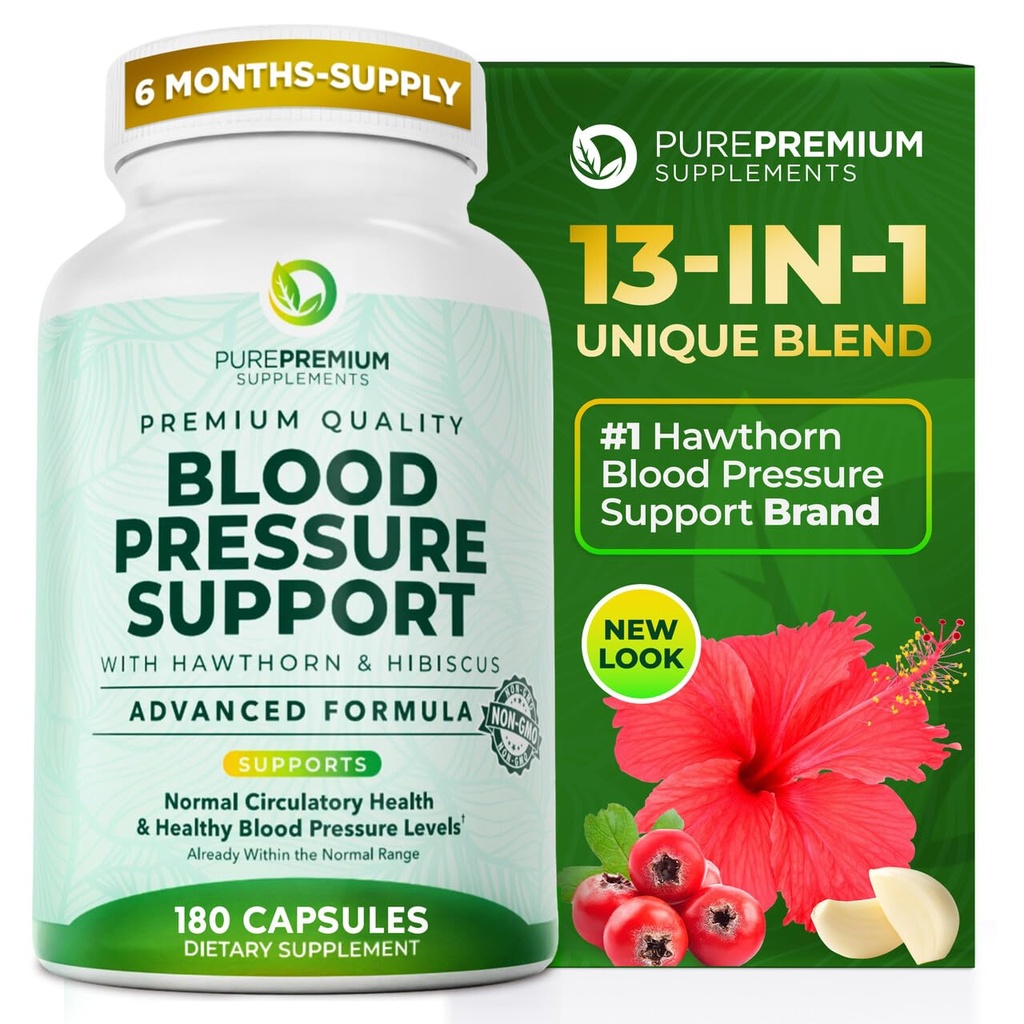 PurePremium Supplements Blood Pressure z Hawthorn Berry, Hibiscus, Czosnek i Witamina B12 - Suplement tlenku azotu dla Normalnego Zdrowia Serca, Obróbka Zdrowia i Podtrzymywanie ciśnienia krwi - 180ct