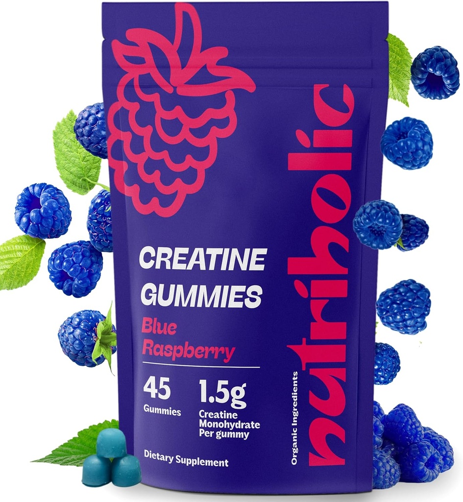 Jednowodzian Gummies dla mężczyzn i kobiet - Łatwe w trawieniu, Wegan, Gluten- Free, Non-GMO, 1,5 g Kreatyny na Gummy - 45ct (45 Count, Blue Malina)