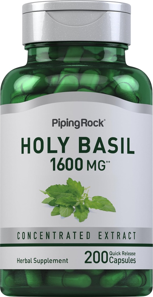 Piping Rock Holy Basil Kapsułki 124; 1600 mg 124; 200 Pilli 124; Herb Leaf Extract 124; Suplement dla Kobiet i Mężczyzn 124; Tenuiflorum British 124; Non- GMO, Gluten Free