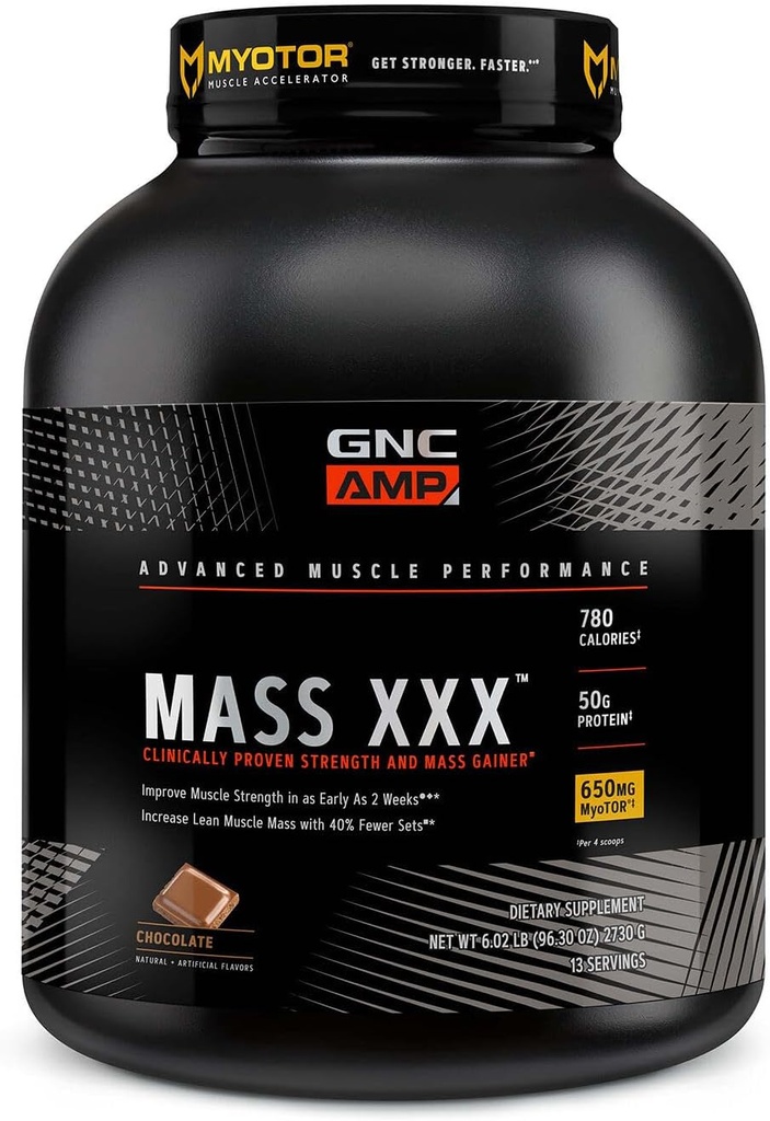 GNC AMP Mass XXX, klinicznie udowodniony Gainer Weight Protein Powder, Poprawia wytrzymałość i rozmiar, 780 Kalorii, 50g białka, Mikronizowane aminokwasy, Kreatyna, Betaine, Czekolada, 13 Sług, 6 Funtów