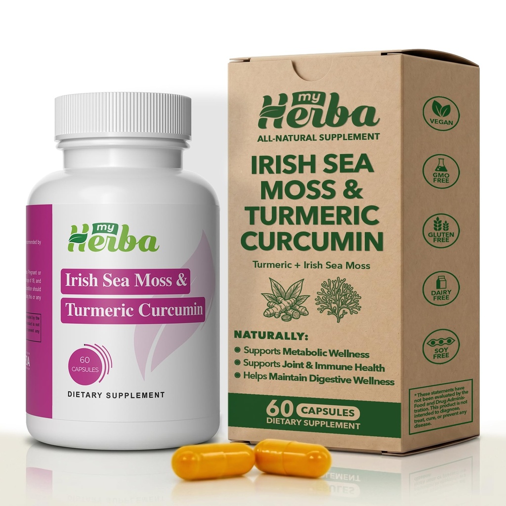 Sea Moss & Turmeric Curcumin Supplement - Wegańska formuła z organicznym irlandzkim Moss Sea & Standaryzowany ekstrakt Turmeric (95% kurkuminoidy), Wspólne wsparcie i mobilność dla dorosłych, 60 Kapsułki