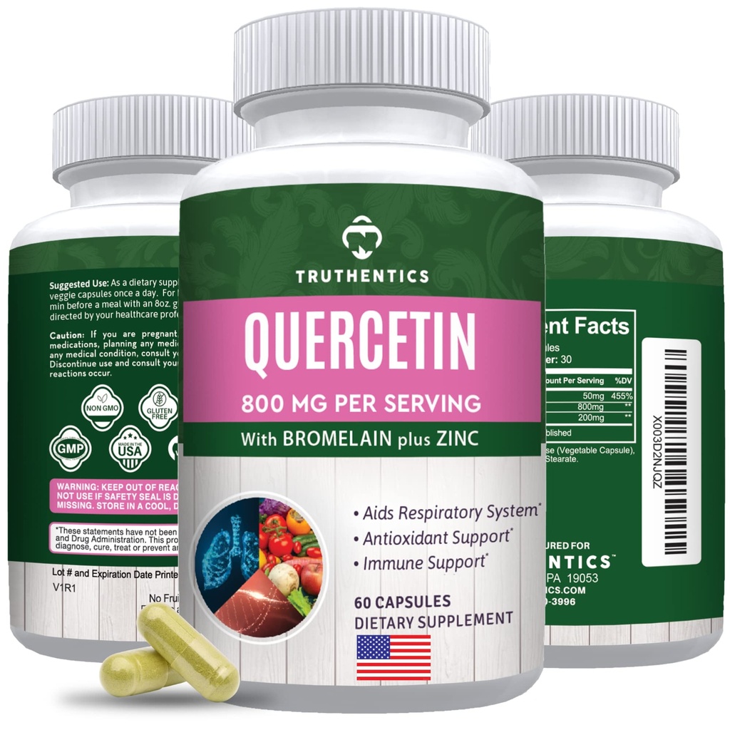 TRUThentics Quercetin z bromelainem i cynkiem 1050mg - Premium Cynk Quercetin Suplementy dla immunologicznego, oddechowego i sezonowego wsparcia - Non-GMO, Gluten Free - 60 Kapsułki Veggie