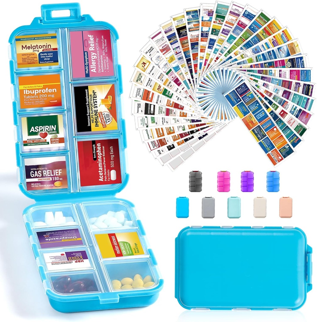 14 Grids Travel Pill Organizer Box z 415- Pcs Medicine Name Etykiety - Pocket Daily Pharmacy Case Case Kit - Travel Medication Holder Dispenser for Fish Oil Supplement Storage - Niebieski