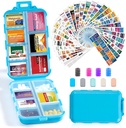 14 Grids Travel Pill Organizer Box z 415- Pcs Medicine Name Etykiety - Pocket Daily Pharmacy Case Case Kit - Travel Medication Holder Dispenser for Fish Oil Supplement Storage - Niebieski