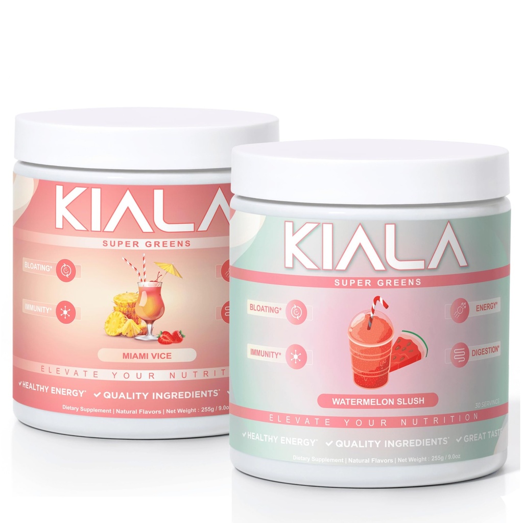 Kiala Nutrition Super Zielone, Organiczne Zielone Proszek, Spirulina i Chlorella Superfood Proszek, Cukier i gluten wolny Wegan, Spectra Mieszanka, Miami Vice, Arbuz Slush 2 Pack