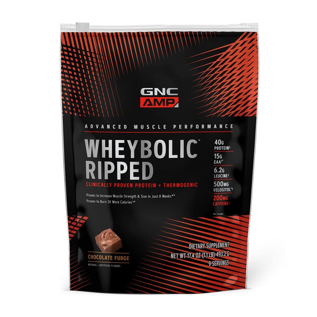 GNC AMP Whiybolic Ripped Protein Powder & Termogenic Supplement, Zwiększa wytrzymałość mięśni i rozmiar, Energia i wytrzymałość, 40 g Białko, 6.2g Leucyna, 15 g EAA, Kofeina, Czekoladowe Fudge, 9 Serving