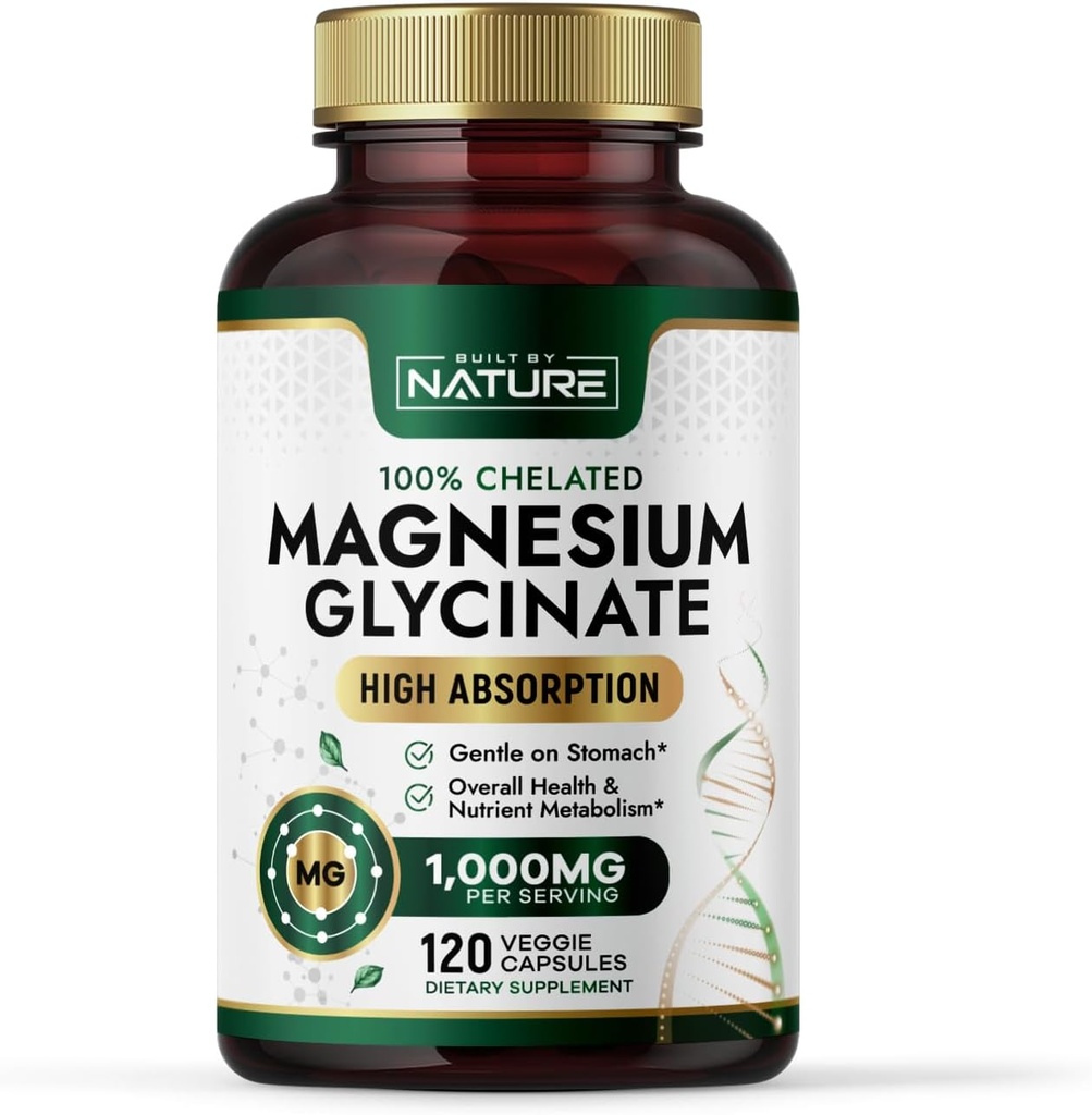 Zbudowany przez naturę Magnezu Glicynian 1000mg - Wysoka absorpcja Suplement magnezu - 100% Chelated, Delikatnie na żołądku - Mięśnie, Serce, Kości i Relaks Wsparcie - Non-GMO, Wegan - 120 Kapsułki