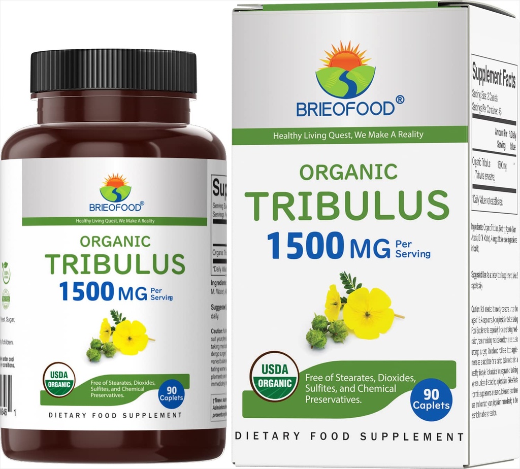 Brieofood Organic Tribulus 1500mg, 45 Służenia, Wegetarianin, Gluten Free, 90 Tabletki wegetariańskie