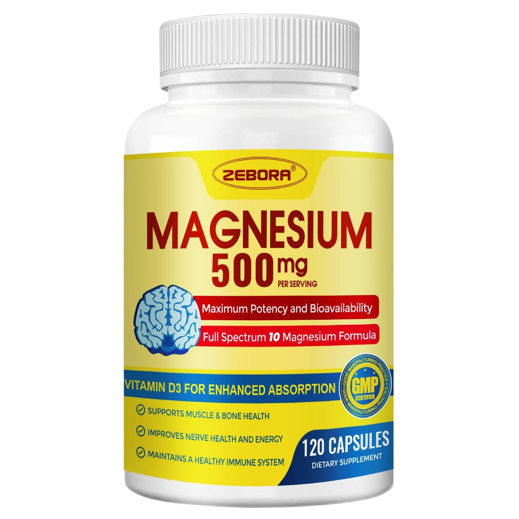 10-in-1 Magnezu Complex Supplement, Magnezu Glicynian 500 mg z cytrynianem i jabłkiem, Chelated Wysoka Absorpcja Plus Witamina D3 i cynku - dla Nerve, Muscle & Bone Support - 120 kapsułki