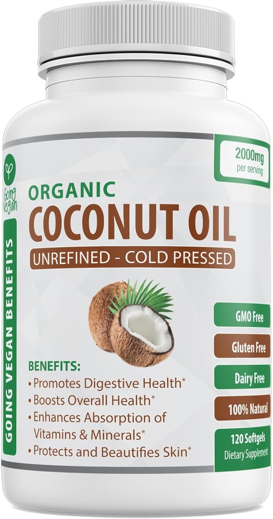 Organic Coconut Oil Capsules 2000mg - 100% Extra Virgin, Cold Pressed for Healthy Skin, Extra Hair Growth, Nail Care, Brain Booster - 120 Softgels - Unrefined Pure & Non GMO Pills - Rich in MCT