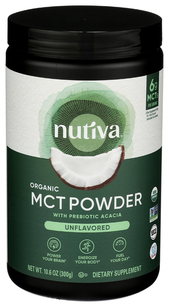 Nutiva Organic MCT Proszek z prebiotyczną Acacia Fiber, Classic, 10.6 Oz, USDA Organic, Non-GMO, Non-BPA, Wegan, Gluten- Free, Keto & Paleo, Natychmiastowy napój lub Boost do kawy i koktajli