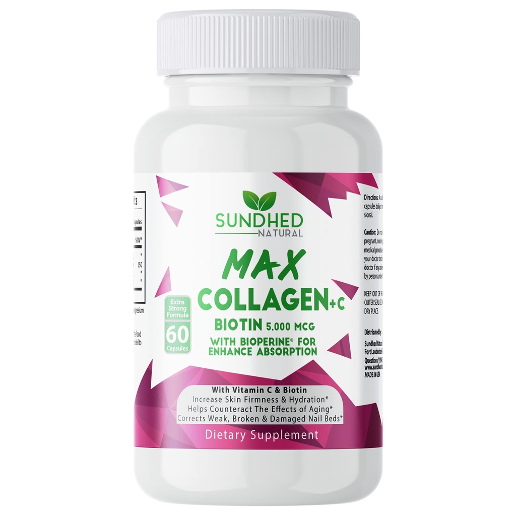 Max Collagen Plus C (60 kapsli) - Wszystkie naturalne kapsułki Collagen z Biotin & Bioperine do Boost Anti Aging Hydration & Skin Firmness - Collagen Pills wzmocnić kości i paznokci