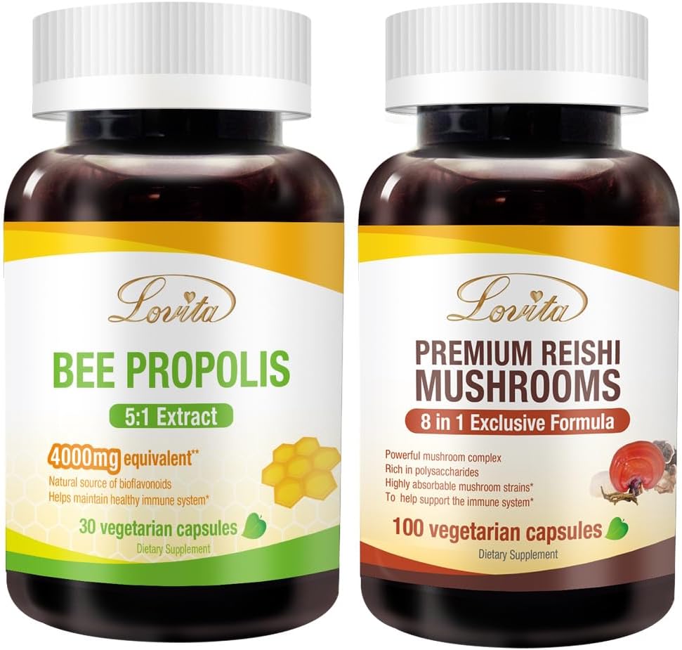 Lovita Bee Propolis Capsule & Premium Reishi Mushrooms Nutrigents Bundle. Suplement diety wspomaga lepsze odżywianie i ogólnie dobrze