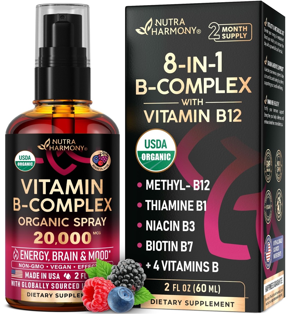 USDA organiczna witamina B- Complex Liquid Spray 8- in-1 - B5 Kwas pantotenowy 124; B12 Metylkobalamina 124; B1 Tiamina 124; B6 Pirydoksyna DwU4; B7 Biotin DwU4; B9 Kwas foliowy 124; B3 Niacynamid - Made in USA Supplement, 2fl oz